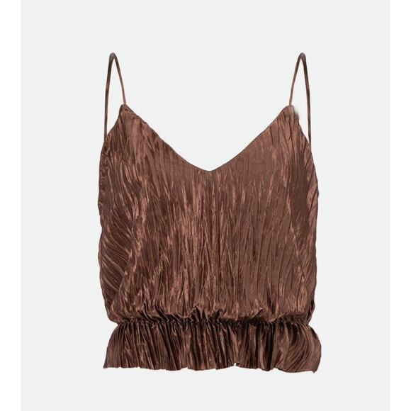 Zara Bronze Brown Travel Crinkle Satin Peplum Tank Spaghetti Strap V-Neck S - Picture 13 of 13